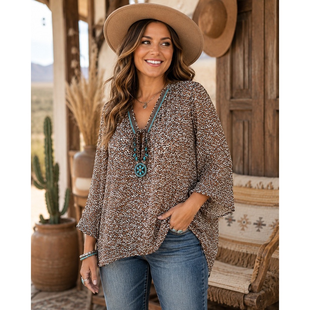 NWT Western Boho Leopard Print Tunic Women Large Turquoise Beaded Semi-sheer Top